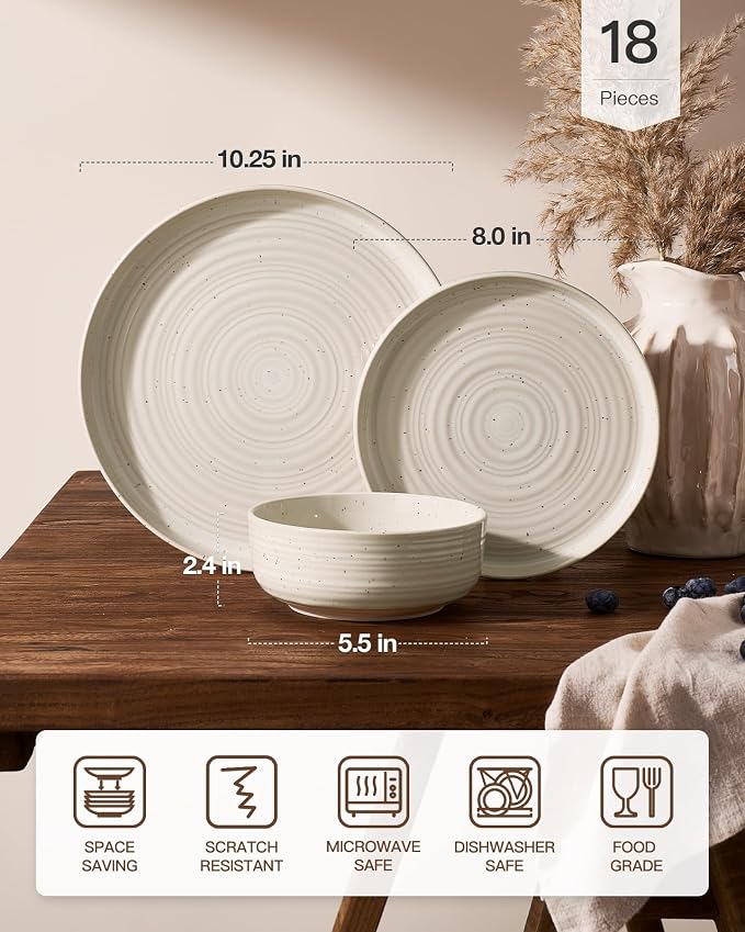 Stoneware Dinnerware Sets for 6, Reactive Glaze Plates & Bowls, Shell Beige | - Image 7