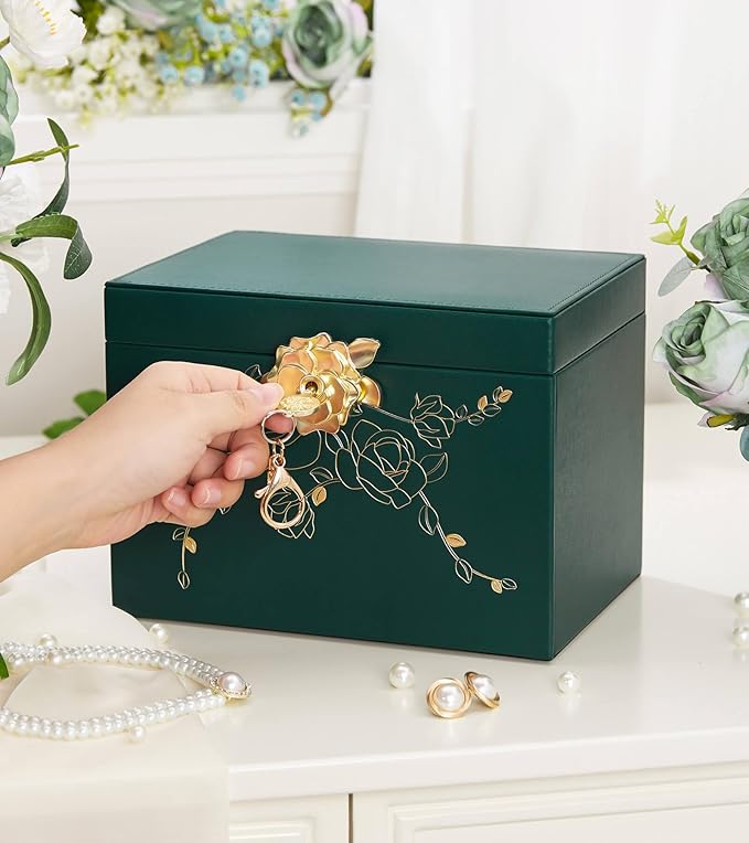 Jewelry Box with Lock for Girls: Jewelry Organizer for Dresser - 3-Drawer Earrings Storage Girls Women Gift (Dark Green)