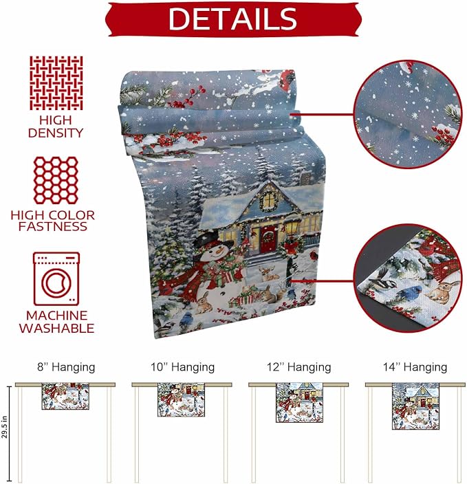 Merry Christmas Table Runner 48 Inches Long, Xmas Trees Snowman Snowflake Table - Image 7