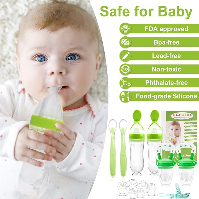 WAJIAYON Baby Fruit Feeder Pacifier - 6 Pack | 2 Infant Food Feeder Pacifier & 2 Baby Food Dispensing Spoon | Fresh Fruit Teethers for Babies | Silicone Feeder Babies,Infant Teething Feeders (Green)