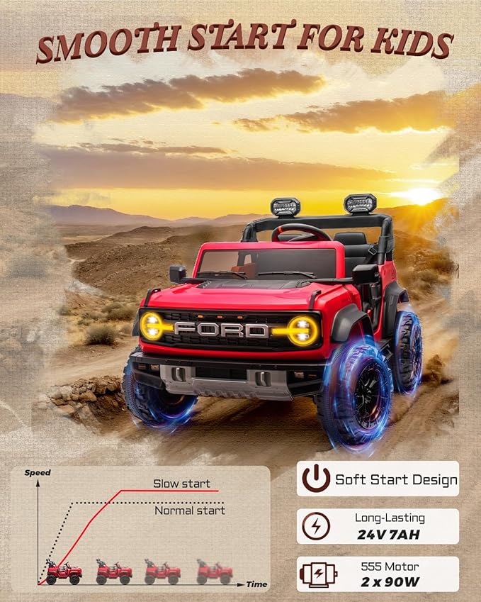 Ford Bronco 24V Ride on Toys for Boys & Girls, 2 Seater Kids Electric Car with Remote Control, Kids Ride on Truck with 4 Wheels Suspension, Led Lights, Safety Belt (24V, Red)