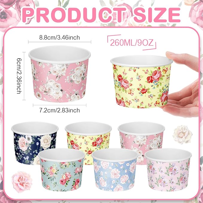 CHENGU 60 Pcs Floral Snack Cups 9 oz Disposable Floral Paper Dessert Bowls - Image 2