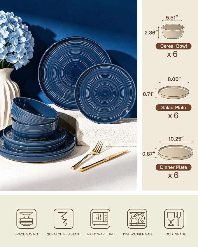 Dinnerware Set for 6, Ceramic Plates & Bowls, Abyssal Blue | 18 pcs Speckled - Image 6