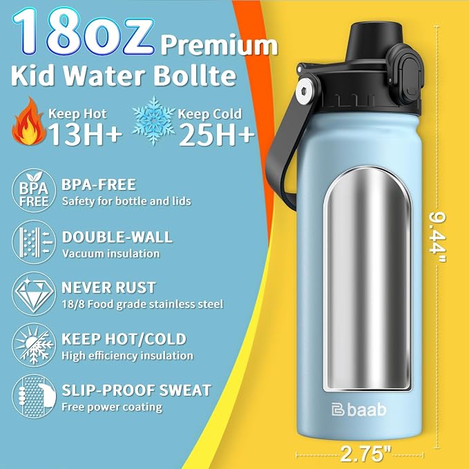 baab 18oz Kids Insulated Water Bottle 18/8 Stainless Steel Kids Cup 2 Pack | - Image 2