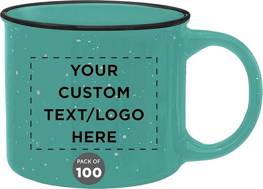 DISCOUNT PROMOS Custom Ceramic Campfire Coffee Mugs 13 oz. Set of 100, Personalized Bulk Pack - Perfect for Tea, Espresso, Cappuccino, Hot Cocoa - Mint