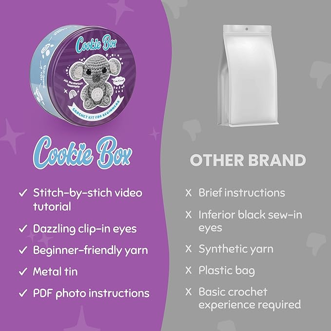 Cookie Box Crochet Kit for Beginners - Learn to Craft Amigurumi Stuffed Animals - Knitting Gift for Kids and Adults - Beginner-Friendly Yarn - Stitch-by-Stitch Video Tutorial - Koala Coal