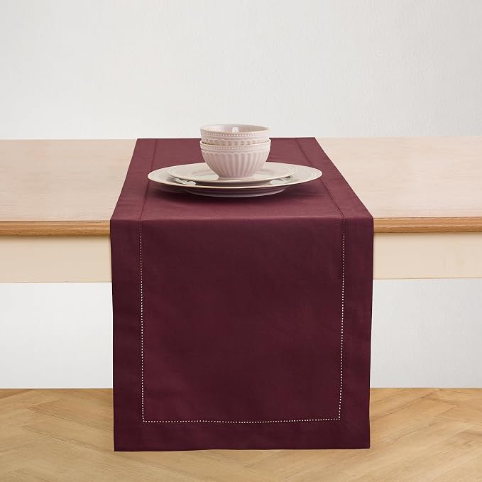 Solino Home Cotton Linen Table Runner Wine, Hemstitch Collection 14 x 90 in | by SolinoHome