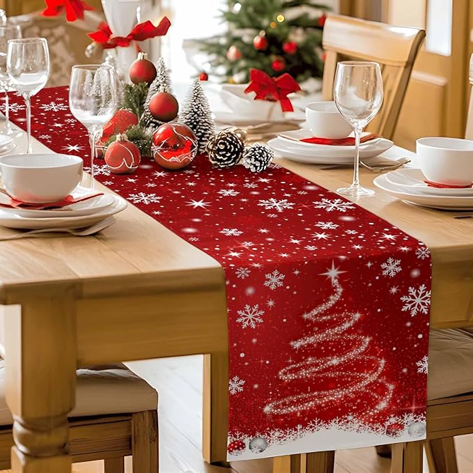 Red Christmas Table Runner 60 Inches Long, Xmas Tree Balls Snowflake Table - Image 9