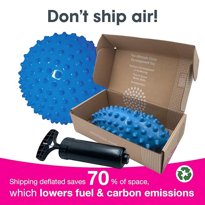 Edushape Original Sensory Ball for Baby - 7" Deflated with Pump, Blue Color, Enhances Gross Motor Skills for Kids 6 Months & Up