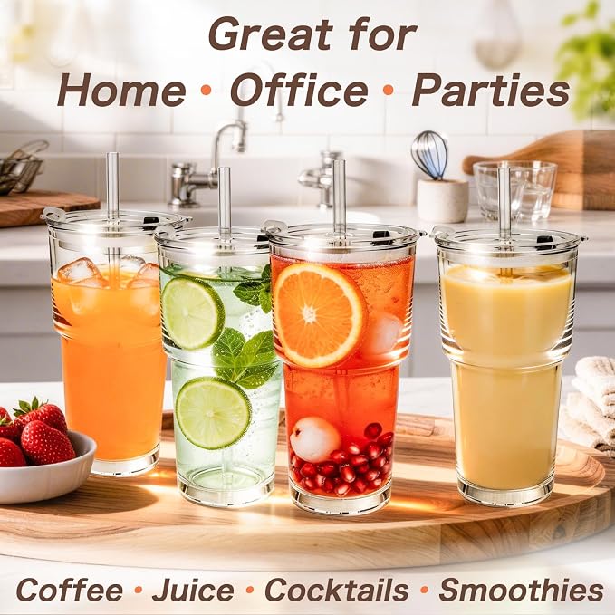 20oz Clear Glass Cups with Lids and Straws, Drinking Tumblers - Image 7