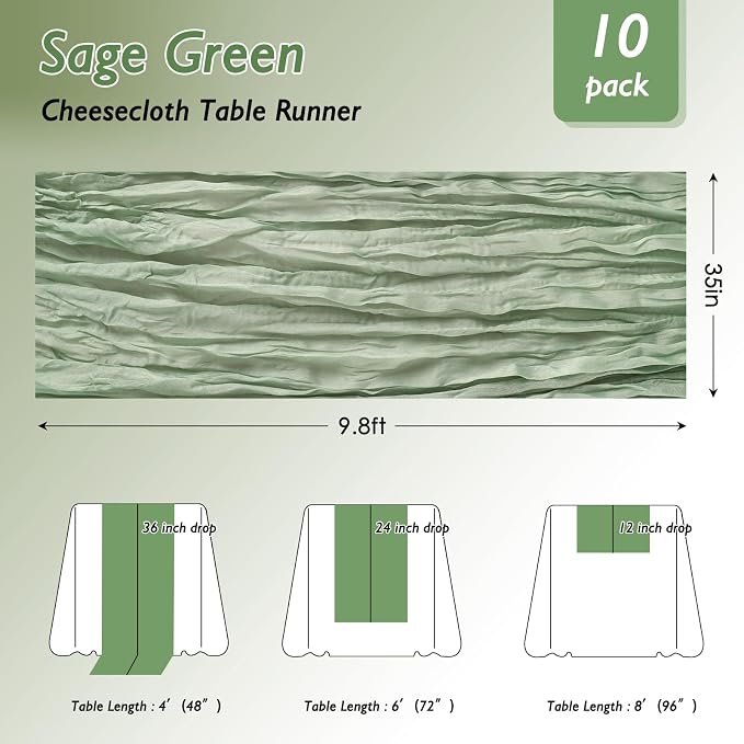 10 Pack Sage Green Cheesecloth Table Runner 120 Inch Boho Wedding Decor | - Image 2