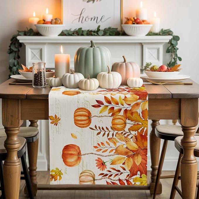 Orange Pumpkin Fall Table Runner 108 Inches Long, Thanksgiving Maple Eucalyptus - Image 2