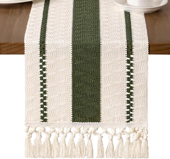 MLMW Boho Table Runner 72 inches Olive Green&Ivory Small Coffee Table Runner by MLMW