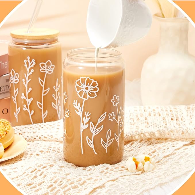 Mumufy 4 Pack Glass Cups Gift Aesthetic Cute Glass Cup Tumbler Flower Iced - Image 3