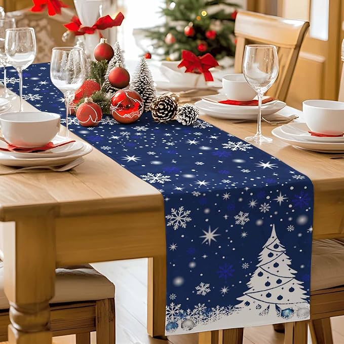 Navy Blue Christmas Tree Table Runner 70 Inches Long, Xmas Balls Snowflake - Image 9
