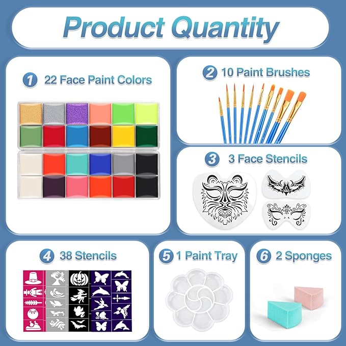 Face Painting Kit For Kids Party,22 Colors Face Paint Kit Includes Paint Tray,Sponges,Brushes and Stencils,Professional Face Painting Kit Non Toxic for Kids and Adults Halloween Makeup