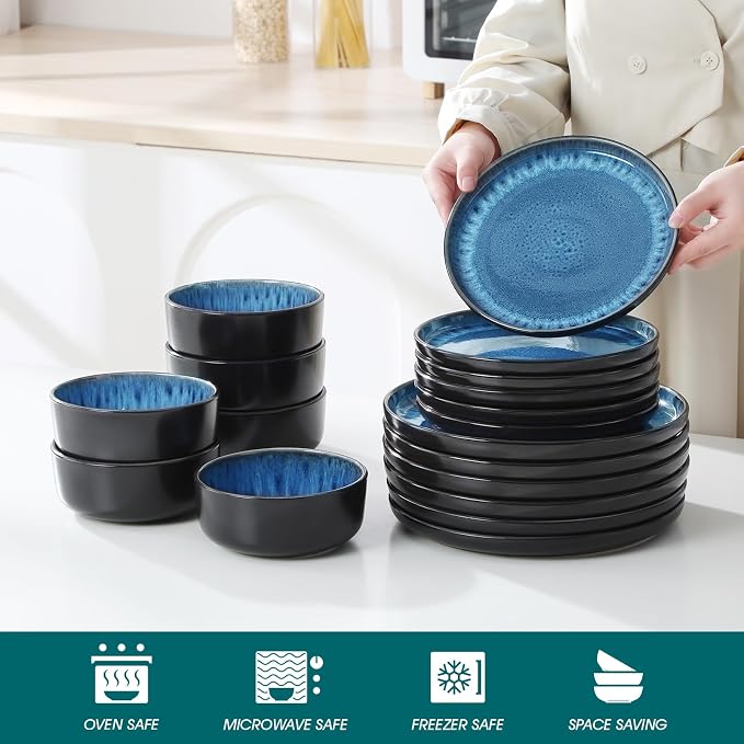vancasso PLAYA Plates and Bowls Sets, 18 Pieces Blue Dinnerware Sets - Image 4