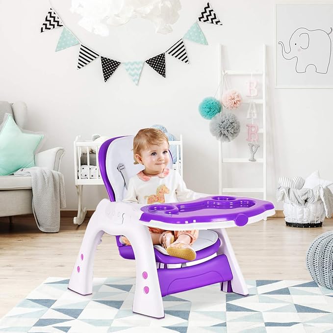 Costzon Baby High Chair, 3 in 1 Infant Table and Chair Set, Convertible Booster Seat with 3-Position Adjustable Feeding Tray, Adjustable Seat Back, 5-Point Harness (Purple)