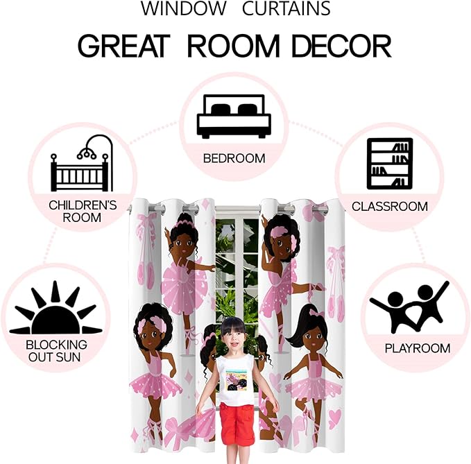 Black Girl Blackout Curtains 2 Panels 63" Inch Drapes for Kids Nursery Bedroom Kids Blackout Curtains Cute Girls Themed Grommet Top Thermal Insulated Curtains for Nursery, 82" x 63"