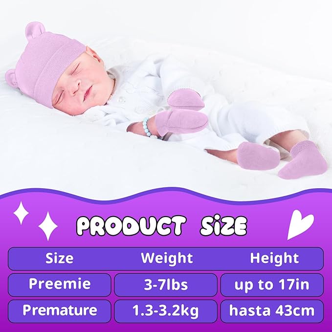 Cuffbow 4 Pcs Preemie Hats Mittens and Socks Set Preemie Mittens Warm Terry Socks for Baby