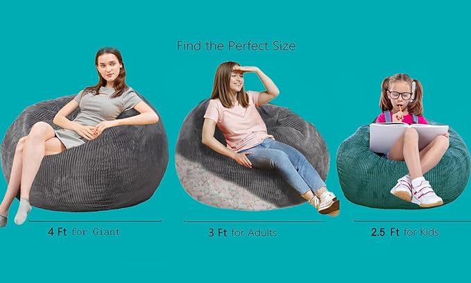 2 Pcs Classic Bean Bag Chair, with Faux Rabbit Fur Cover for Teens and Kids, Memory Foam Bean Bag Chairs, Ultra Soft Faux Fur Fabric, 2.5 feet Round Fluffy Bean Bag Sofa