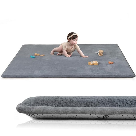 Baby Play Mat for Floor,1.3" Thick Elasti-Foam 50"×74" Playpen Mat for Tummy Time,Water Repellent Soft Coral Velvet for Toddler,Infant,Kids,Non-Slip Backing Safe for Crawling(Dark Grey)