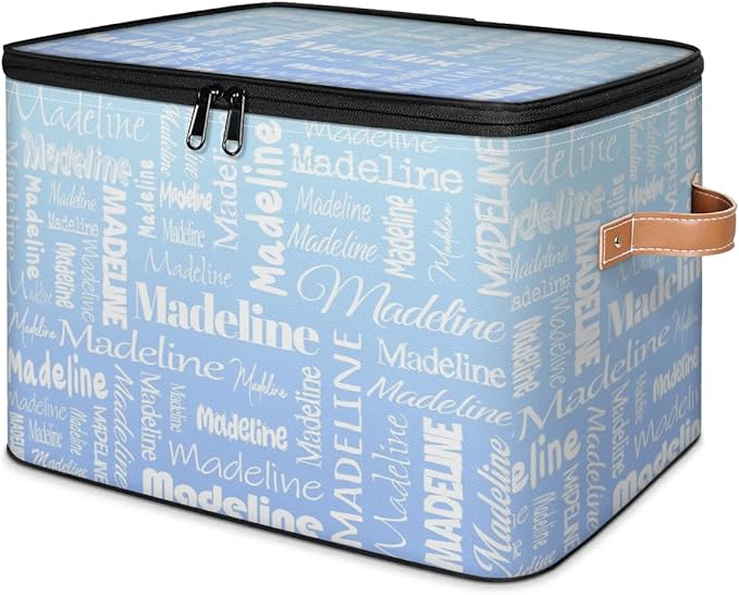 Custom Storage Basket with Name, Personalized Storage Bins with Zipper Lid, Foldable Fabric Storage Box Large capacity with Handle White Blue