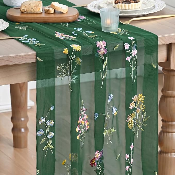 Artoid Mode Wildflower Floral Green Gauze Embroidery Table Runner 120 Inch 10FT by ArtoidMode