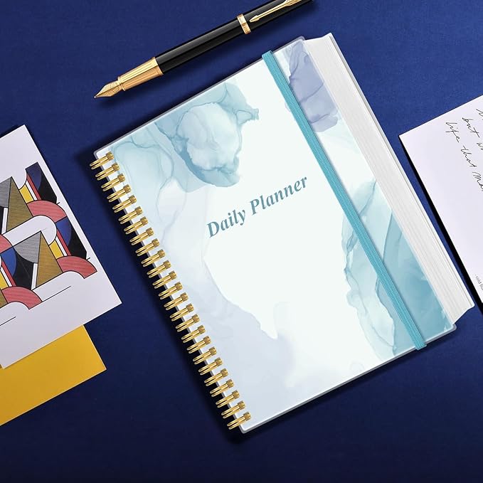 Daily Planner Undated - 8.5" x 11" To Do List Notebook Hourly Schedules, 150 Sheets/300 Pages Spiral Appointment Planner for Women and Men ,PVC Hardcover, Inner Pocket, Elastic Closure, Blue