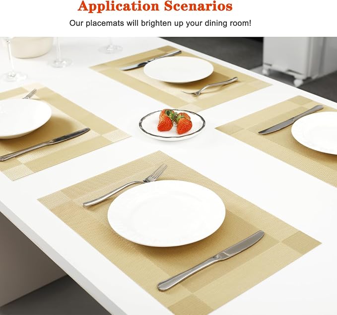 Placemats Set of 12, Vinyl Woven Gold Non Slip Table Mats | Heat Resistant - Image 2