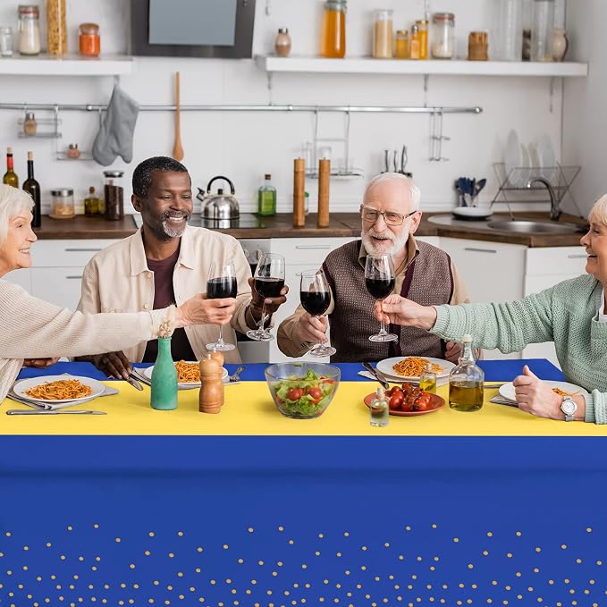 12Pack Disposable Plastic Tablecloths and Satin Table Runner Set Blue and Gold - Image 5