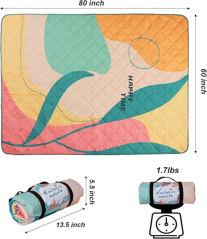 Exclusivo Mezcla Waterproof Picnic Blanket 60x80 Inches Large Multicolor Floral Polyester Sandproof Modern Camping Blanket