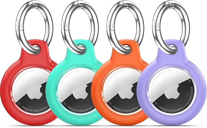 Upgrade Waterproof 4 Pack Airtags Holder with Apple Airtags Keychain, Hard PC Air Tag Case, Anti-Scratch & Shock Air tag Holder, Men's Women's Keyrings & Keychains -Red+Mint Green+Orange+Purple