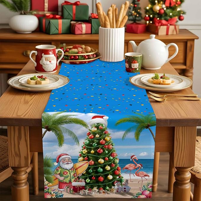 Coastal Christmas Table Runner 60 Inches Long, Xmas Tree Santa Beach Table - Image 5