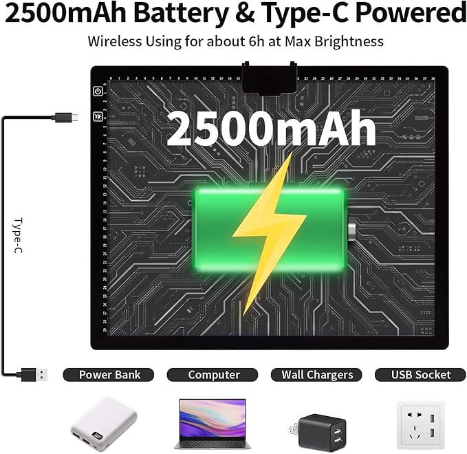Rechargeable A3 Light Pad With Padded Case For Diamond Painting,Tracing Light Box with Stand/Clip/Magnet,3 Colors and 6 Levels of Brightness light board for Artists,Drawing,Sketching,Animation,Tracing