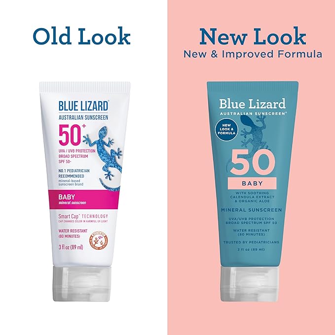 BLUE LIZARD Baby Mineral Sunscreen with Zinc Oxide, SPF 50+, Water Resistant, UVA/UVB Protection with Smart Cap Technology - Fragrance Free, 3 Ounce Tube