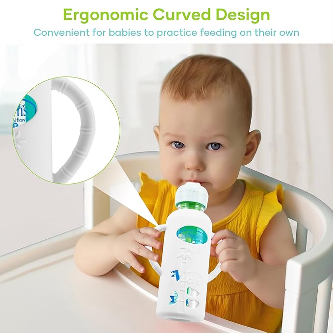 4 Pack Silicone Sleeves for Dr. Brown's Glass Baby Bottles, Anti Breakage Durable Baby Bottle Holder with Easy Grip Handles, Narrow Sleeve with a Cutout, Dishwasher/Freezer/Microwave Safe, 8 oz
