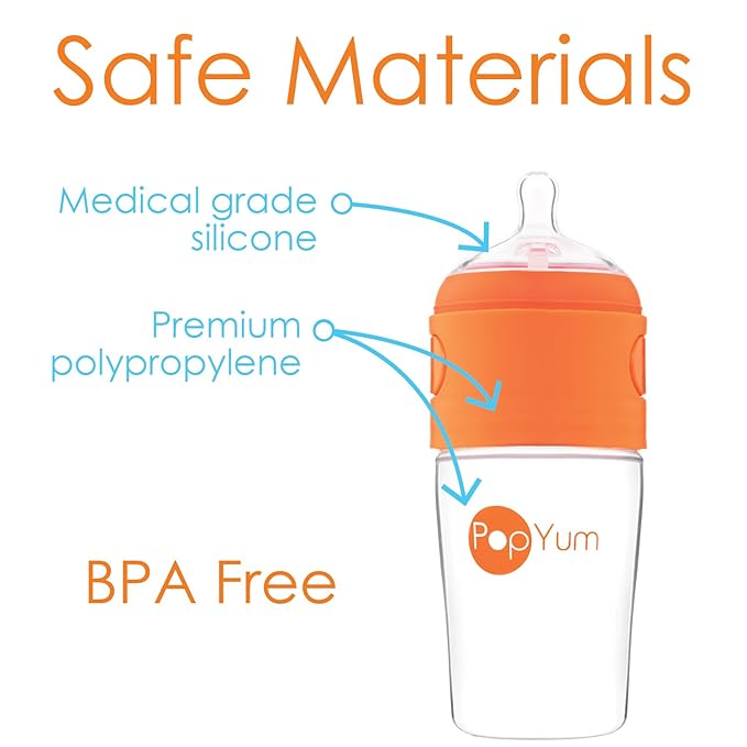 PopYum 9 oz Orange Anti-Colic Formula Making/Mixing/Dispenser Baby Bottles, 3-Pack with #2 Medium Flow Nipples, 260 ml, BPA-Free, Natural Latch