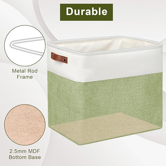 Large Fabric Storage Baskets | 50L Storage Bins, Decorative Linen Closet Baskets with Handles for Organizing, Shelf, Toys, Clothes, Home, Office, Nursery, 17x12x15Inches (Green&White)
