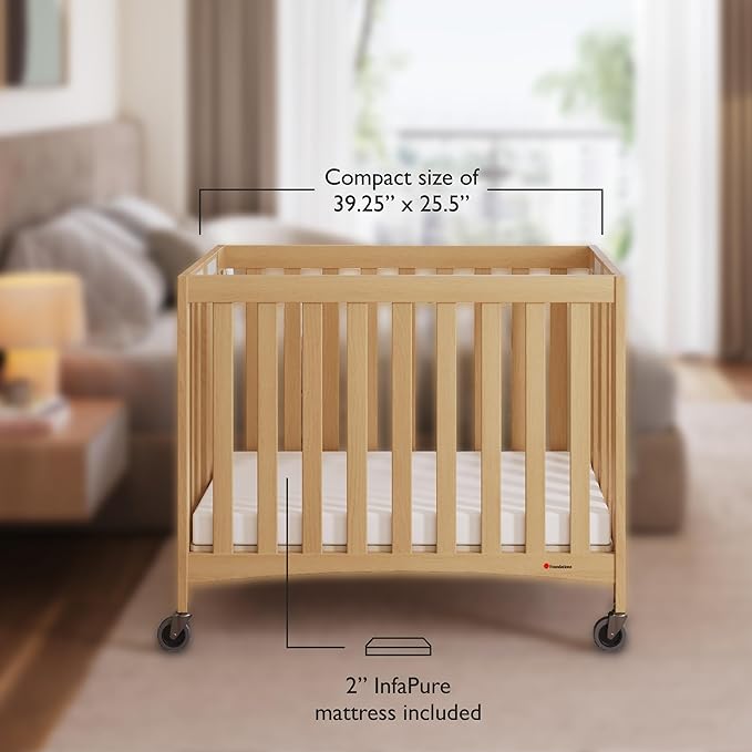 Foundations Compact Travel Sleeper Folding Hotel Crib and Sheet Bundle - Includes Wooden Mini Crib with 2" Foam Mattress (Natural) and 6-Pack White Fitted Compact Sheets
