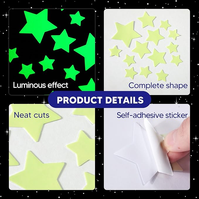 Glow in The Dark Stars for Ceiling, Luminous Wall Sticker, Kids Bedroom Wall Decal, Sticky Fluorescence Star, Gift for Boys and Girls (Green)