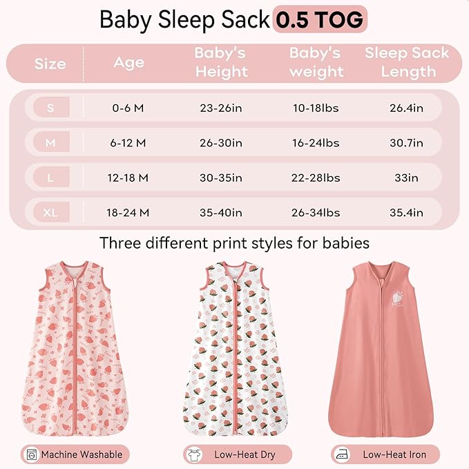 Baby Sleep Sack 18-24 Months 0.5 Tog Wearable Blanket Baby, 3 Pack 100% Cotton Lightweight Sleeping Sack with 2-Way Zipper for Infant Toddler Strawberry
