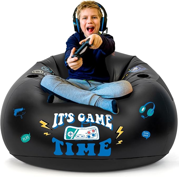 Inflatable Gaming Chair for Kids, Floor Bean Bag Chair for Teens - Boys Room Furniture with Cup Holder and Side Pocket, Inflatable Gaming Couch for Boys Room, Cool Kids Blow Up Couch Decor for Teens