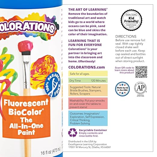 Colorations BioColor Paint, Fluorescent, 16 oz, Set of 9, Washable, Non-Toxic, Kids Paint, School Art Supplies