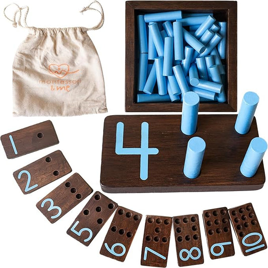 Counting Peg Board - Montessori Math and Numbers for Kids - Wooden Math Manipulatives Materials - Dark Walnut Stain