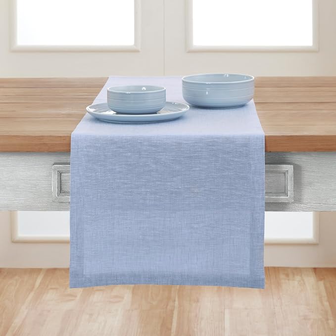 Solino Home 100% Pure Linen Table Runner Chambray Blue, Athena 14 x 144 in | - Image 2
