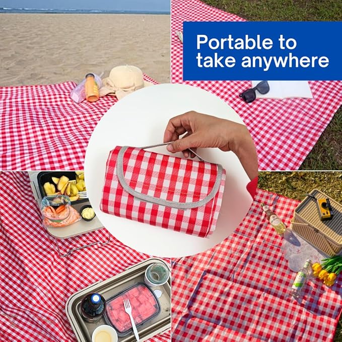 Cute Gingham Picnic Blanket, Waterproof Foldable, in Large 80x60in and Extra Large 80x80in, Portable Compact Beach Blanket, Oversized XL Outdoor Mat (Red, Large)