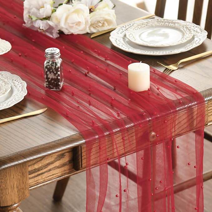 Artoid Mode 3PCS Pearl Red Gauze Table Runner 120 Inch 10FT, Seasonal Sheer by ArtoidMode