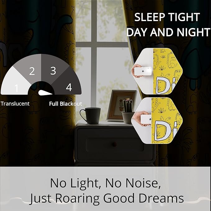 Dinosaur Blackout Curtains for Kids Room - 2 Panels, Each W52×L63, 100% Blackout, Thermal Insulated, Noise Reducing, Perfect for Kids Room and Nersury