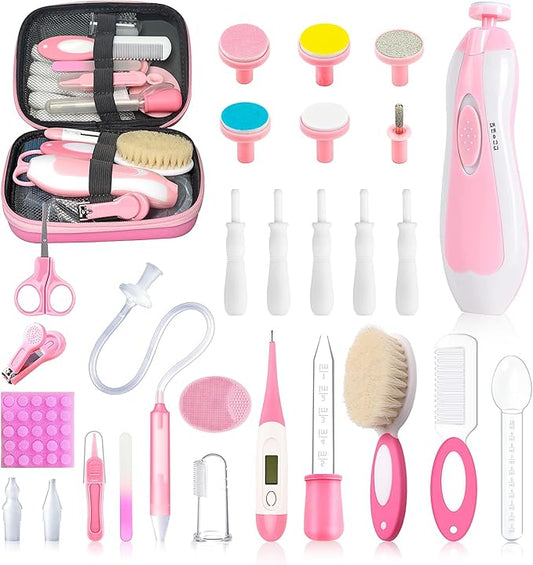 28 in 1 Baby Healthcare and Grooming Kit, Infant Baby Nursery Kit Electric Nail Trimmer Set with Gas Colic Passer Nasal Aspirator Nail Clipper Hair Brush Comb for Newborn Girls Boys (Pink)